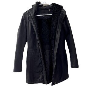Marc New York black long faux fur jacket hood womens size XS